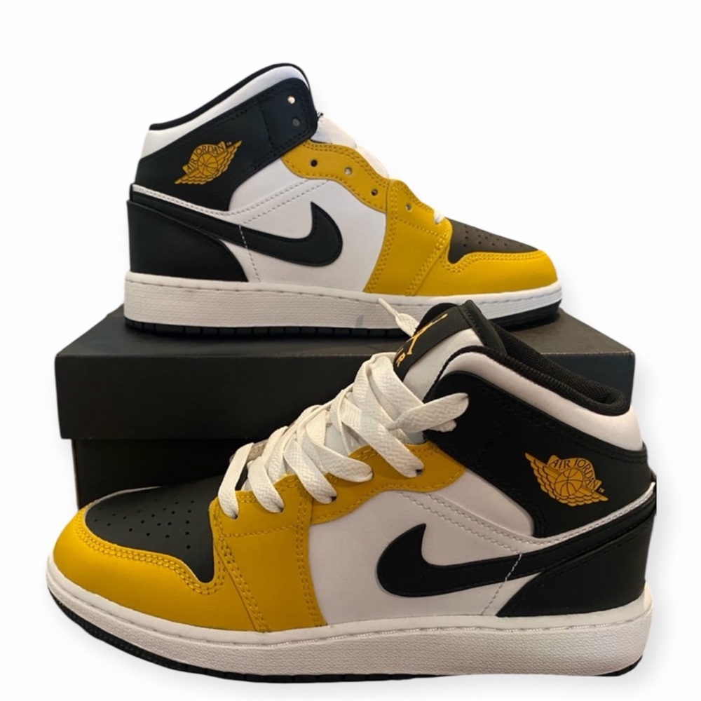 Jordan 1s Mid Yellow Ochre Black, Yellow, and White Sneakers